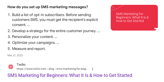 Featured snippet for blog post on how to set up SMS marketing messages